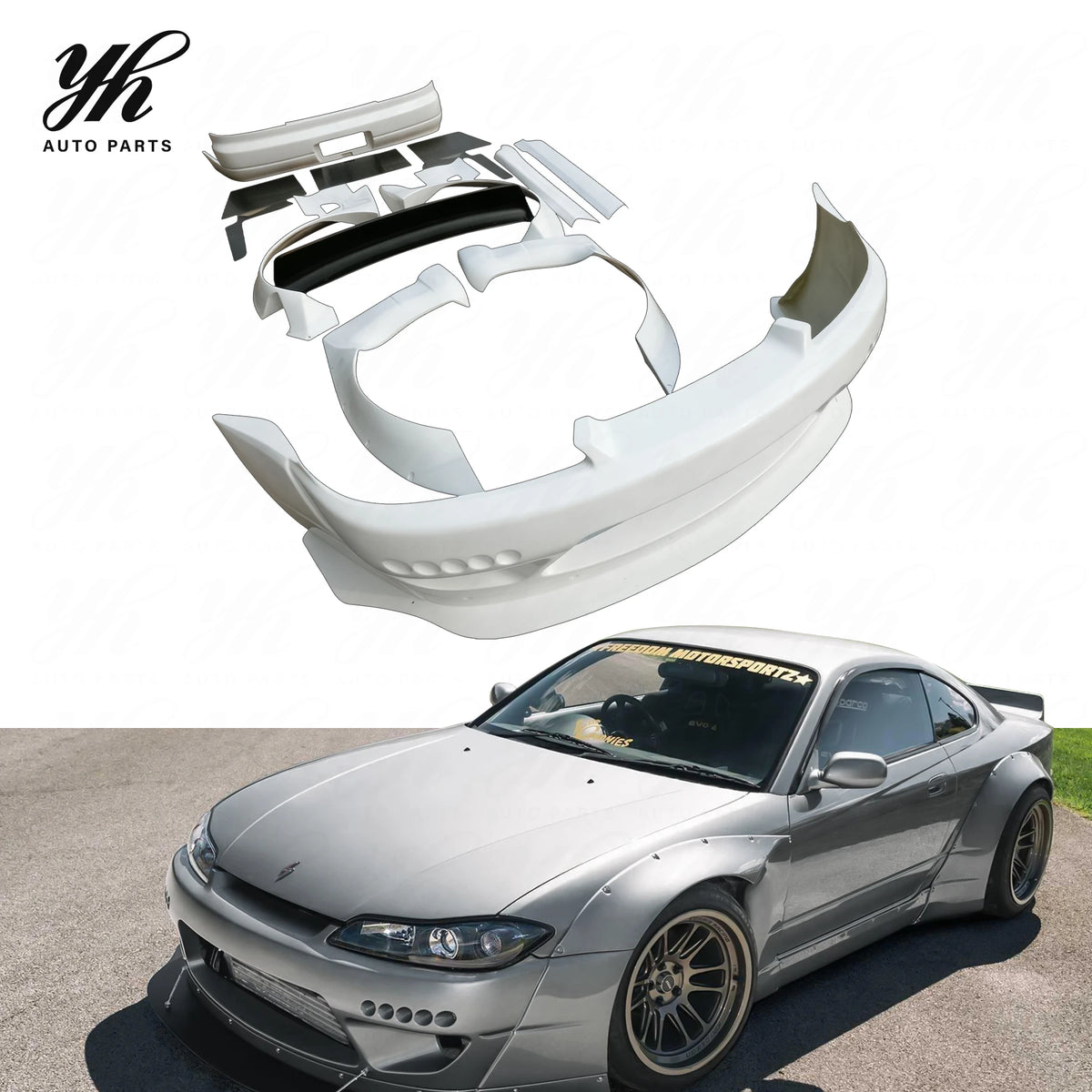 Rocket Bunny Style Unpainted FRP Widebody Kit Front Bumper Fender Flares Diffuser Spoiler for Nissan Silvia S15 Coupe