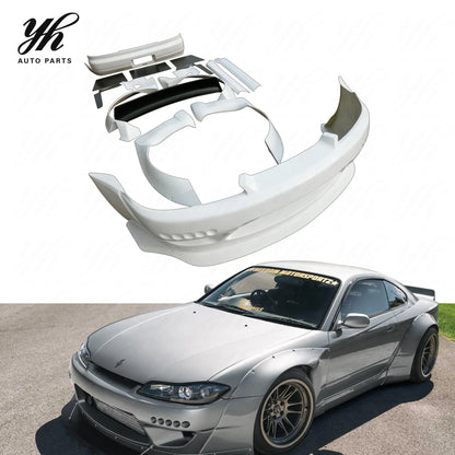 Rocket Bunny Style Unpainted FRP Widebody Kit Front Bumper Fender Flares Diffuser Spoiler for Nissan Silvia S15 Coupe