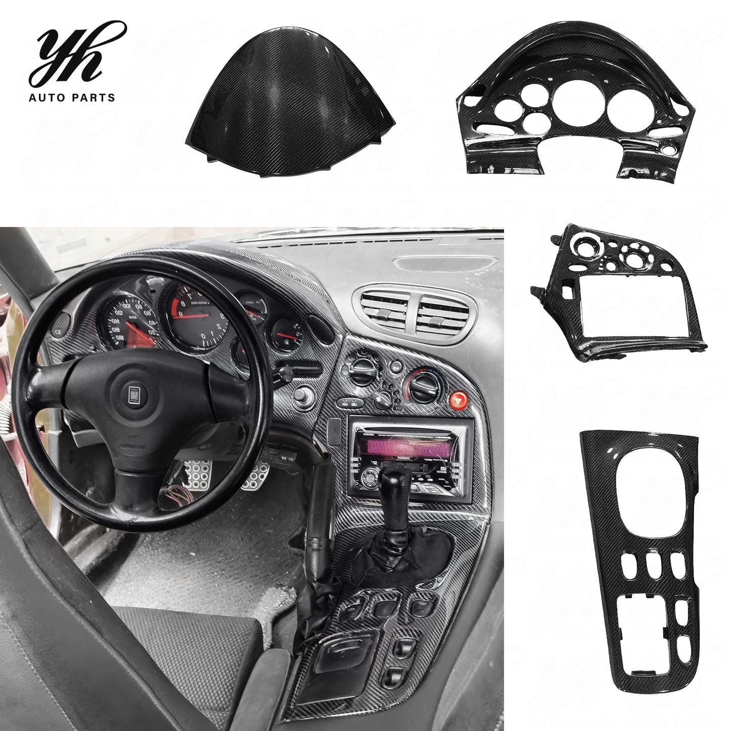 Carbon Fiber CF for RX7 FD3S LHD Interior Replacement Kit 4-Piece Black Hood A/C Shifter Panel Bezel
