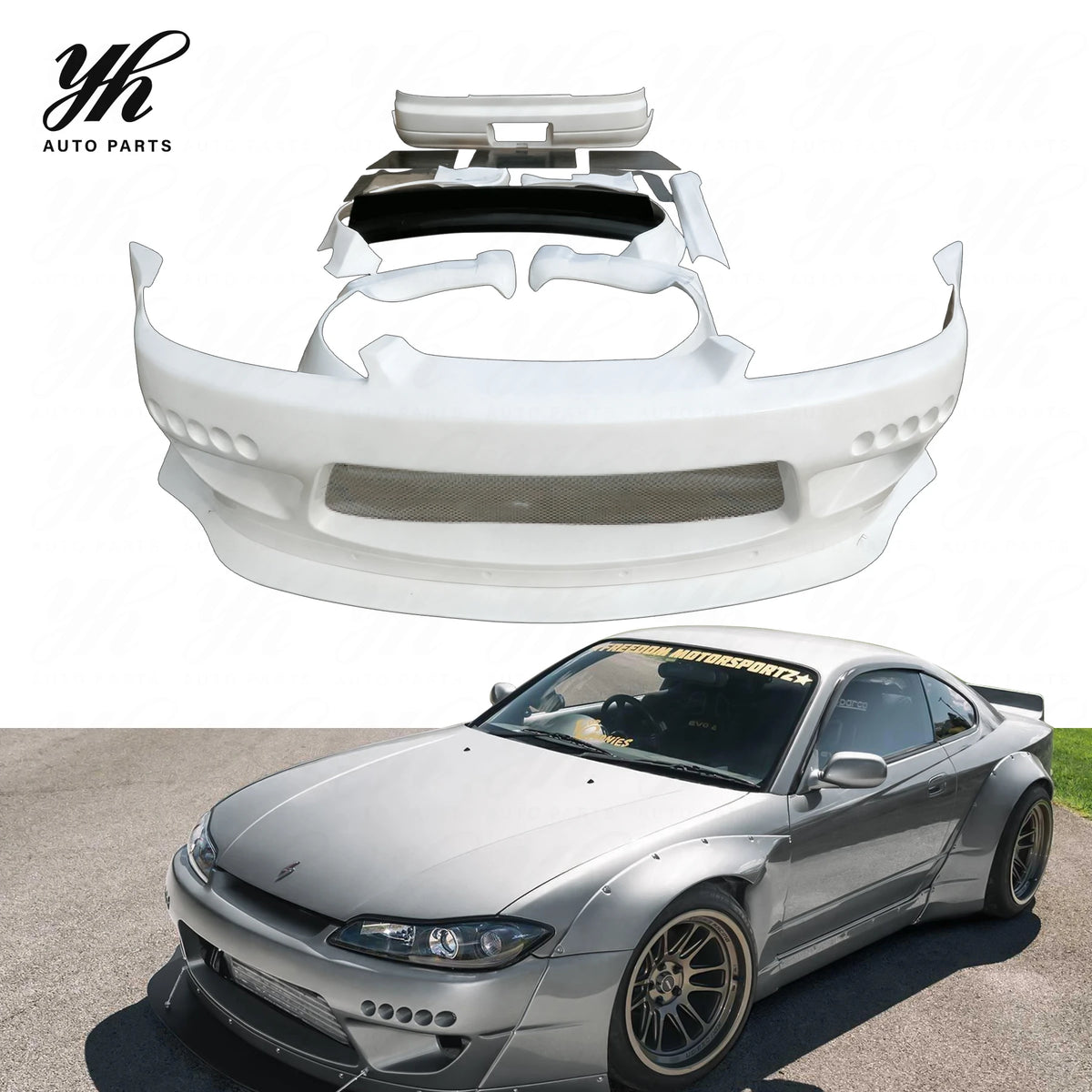 Rocket Bunny Style Unpainted FRP Widebody Kit Front Bumper Fender Flares Diffuser Spoiler for Nissan Silvia S15 Coupe