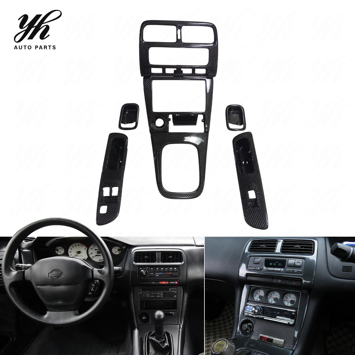 Yuhang Black Carbon Fiber Interior Set for Nissan 200SX S14/S14A RHD Silvia 7-Piece Radio Surround & Control Panel Full Set