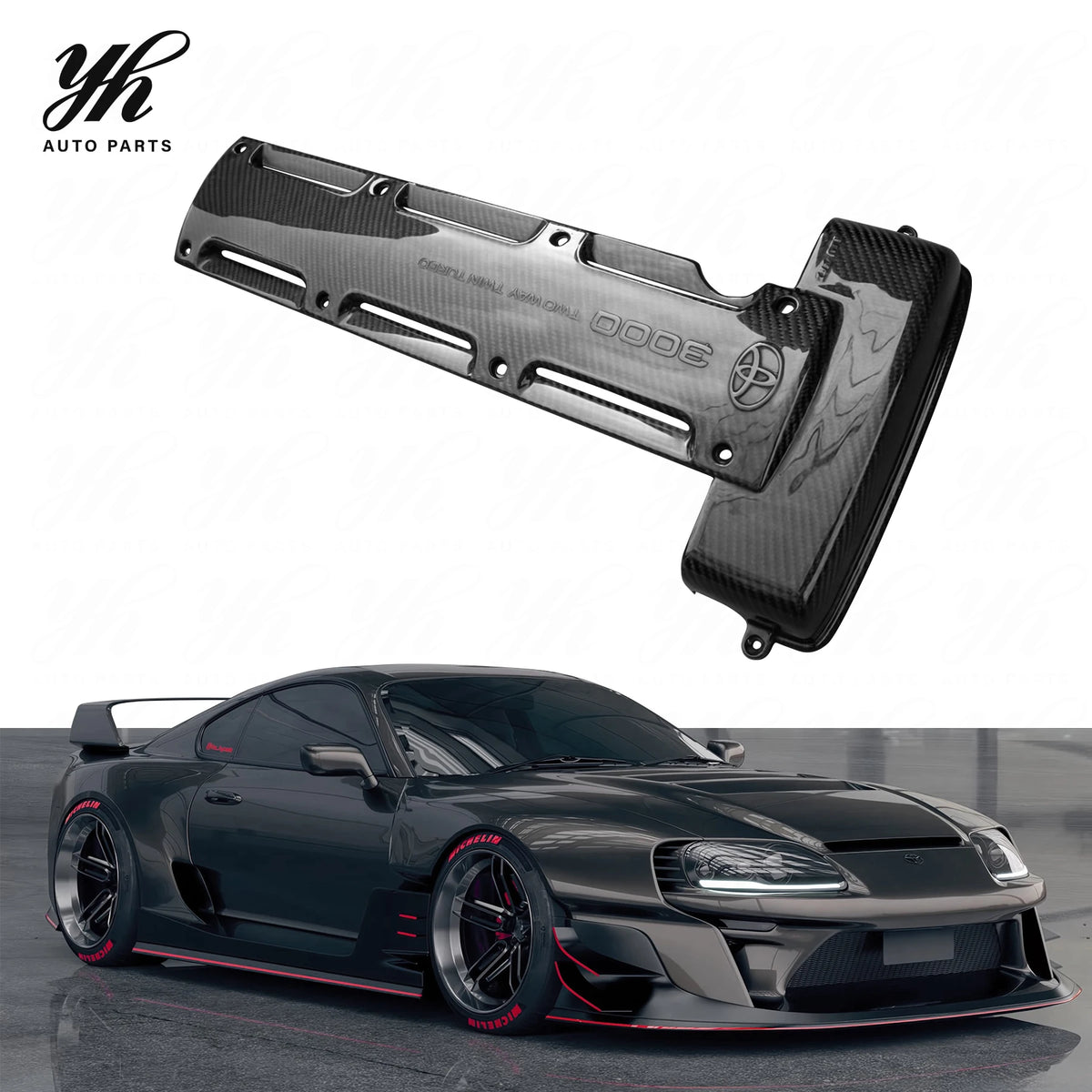 Glossy Carbon Fiber Engine Ignition Plug Valve Cover Trim for Toyota Supra MK4 1993-1998 2JZ NON-VVTI Twin Tu